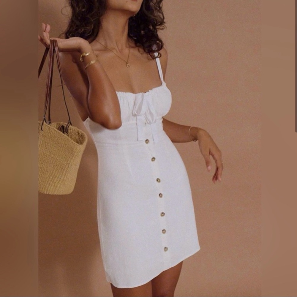 Darling Linen Plain Mini Dress in White —XS